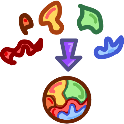 5 variously colored organic shapes make an arc above a purple arrow pointing down at a sphere created by those shapes. The image has dark line art.